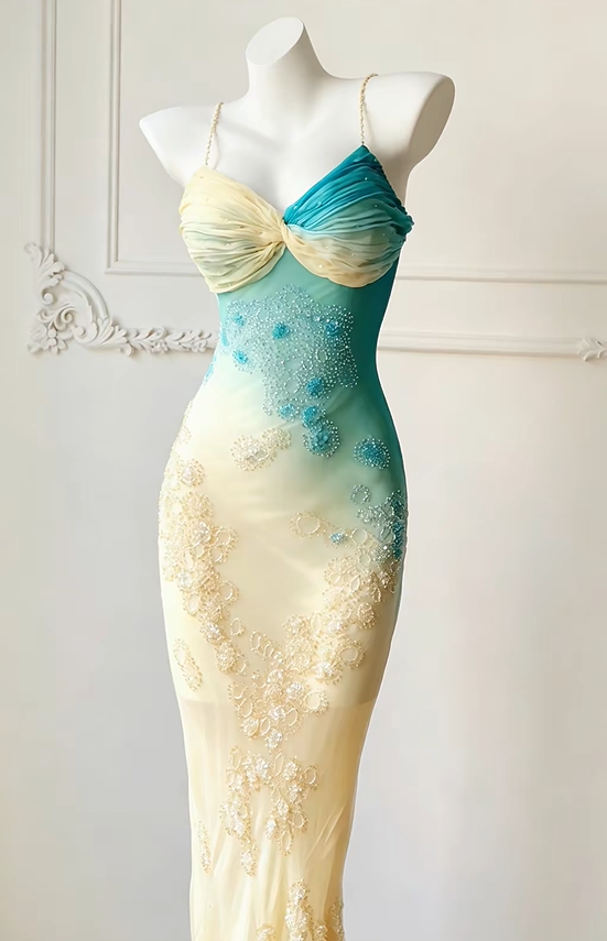 Vintage Sheath Spaghetti Strap Beaded Blue Yellow Ombre Chiffon Prom Dress Evening Dress DP8257
