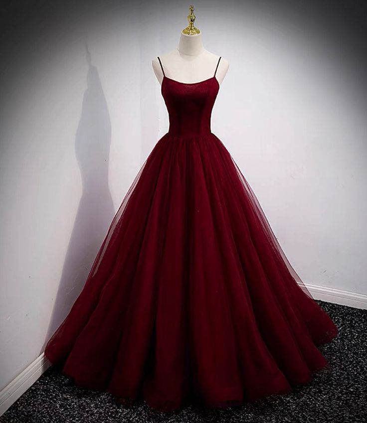 Burgundy Tulle A Line Long Prom Dress Party Evening Dress DP003