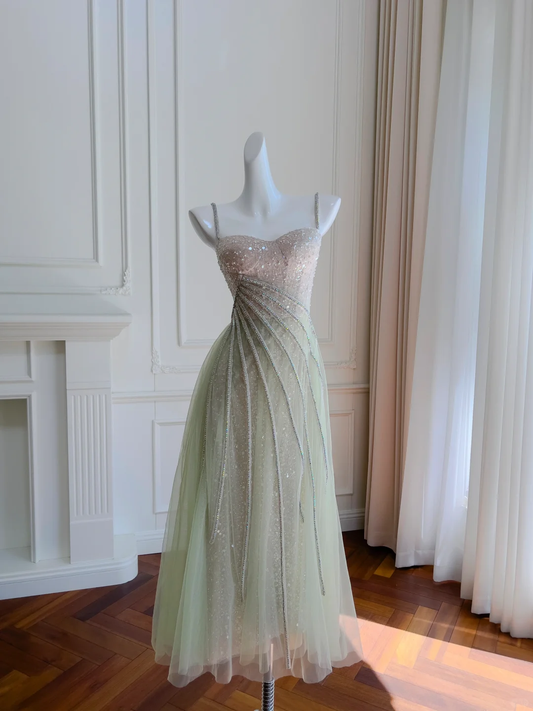 Stunning A Line Spaghetti Strap Beaded Sequin Green Ombre Tulle Prom Dress Evening Dress DP2494