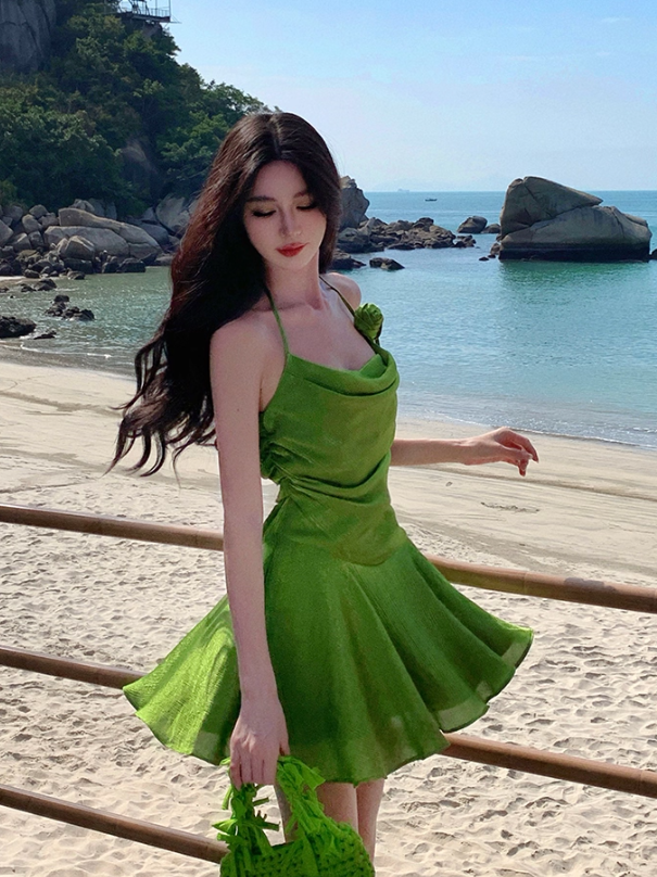 Green A Line Spaghetti Strap Floral Satin Homecoming Dress Birthday Dress Outfits DP3404