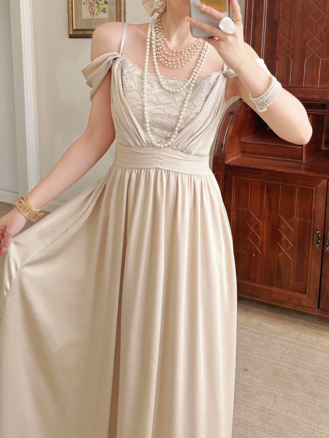 Pretty A Line Spaghetti Straps Beaded Satin Long Prom Dress Evening Dress DP6790