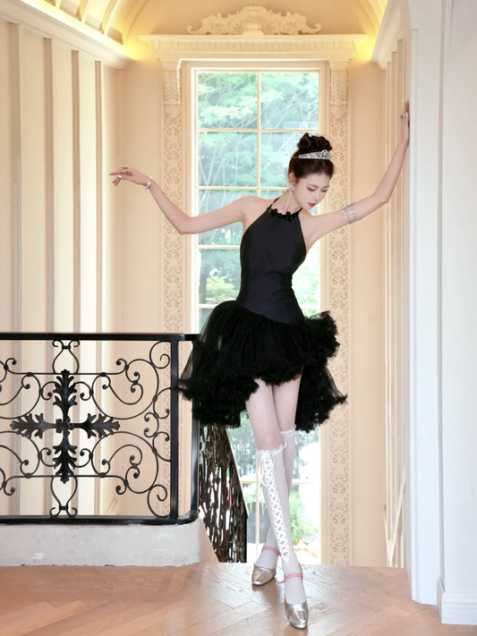 Sexy A Line Halter Black Sequin Tulle Satin Short Homecoming Dress Cocktail Dress DP2531