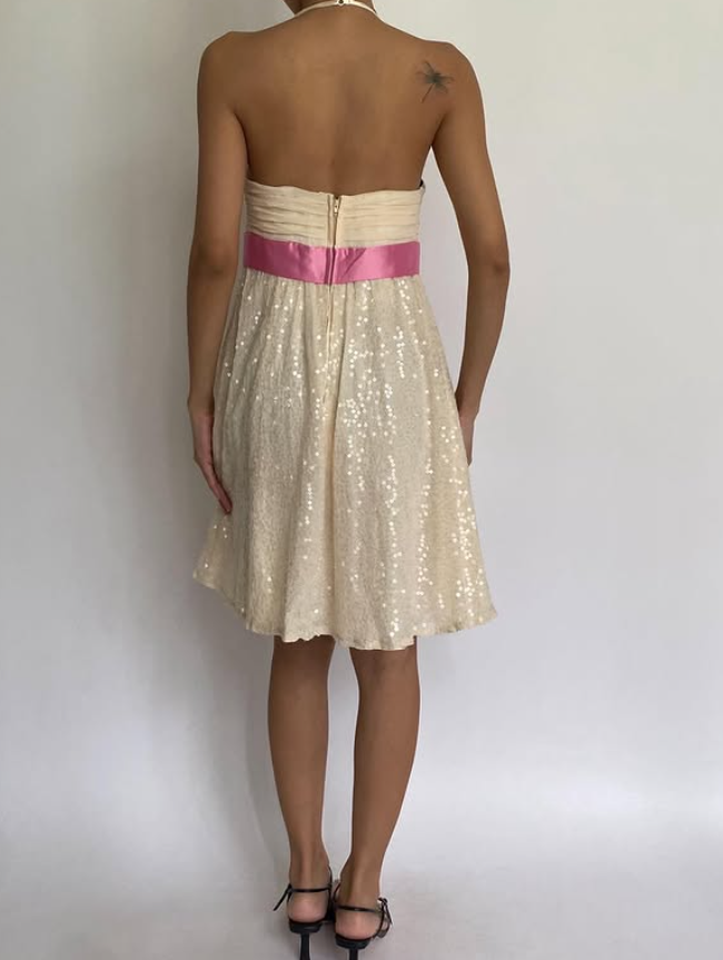 Vintage Apricot A Line Halter Sequin Short Prom Dress Homecoming Dress with Bow DP3690