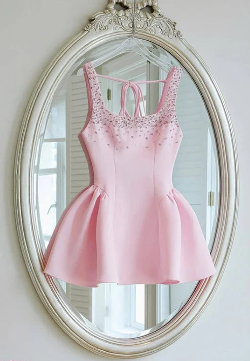 Pink A Line Strap Rhinestone Satin Short Homecoming Dress DP6406