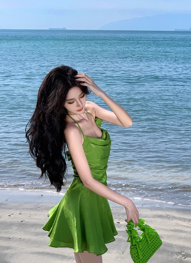 Green A Line Spaghetti Strap Floral Satin Homecoming Dress Birthday Dress Outfits DP3404