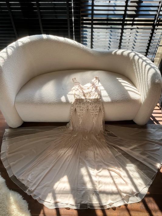 Classy Mermaid Spaghetti Strap Beaded Appliques White Chiffon Prom Dress Party Dress DP2579