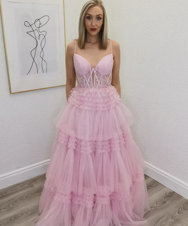 Sweety Pink A Line Spaghetti Strap Beaded Layered Tulle Long Prom Dress Evening Dress DP6769