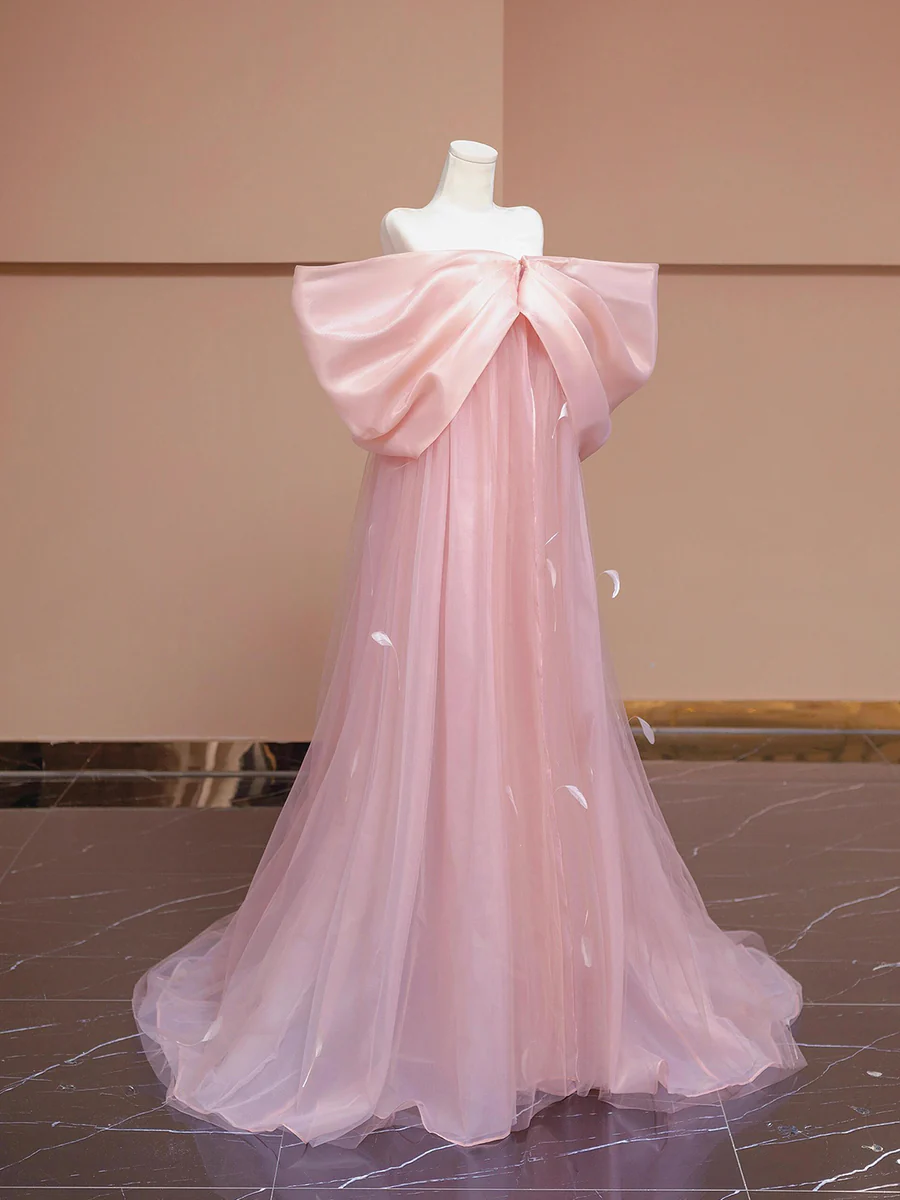Pink Bow Floor Length Prom Dress, Lovely A-Line Princess Off the Shoulder Formal Dress DP2021
