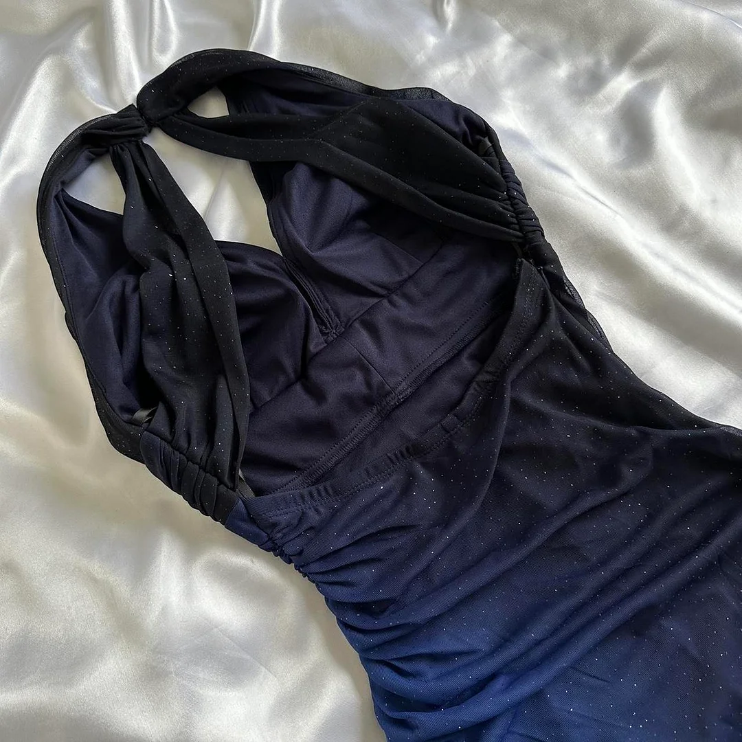 Ombre Navy Blue A Line Halter Chiffon Prom Dress Graduation Prom Dress DP1996