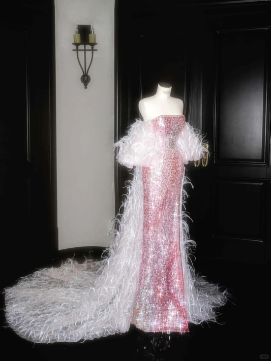 Pink Mermaid Strapless White Feather Sequin Prom Dress Party Dress DP2690