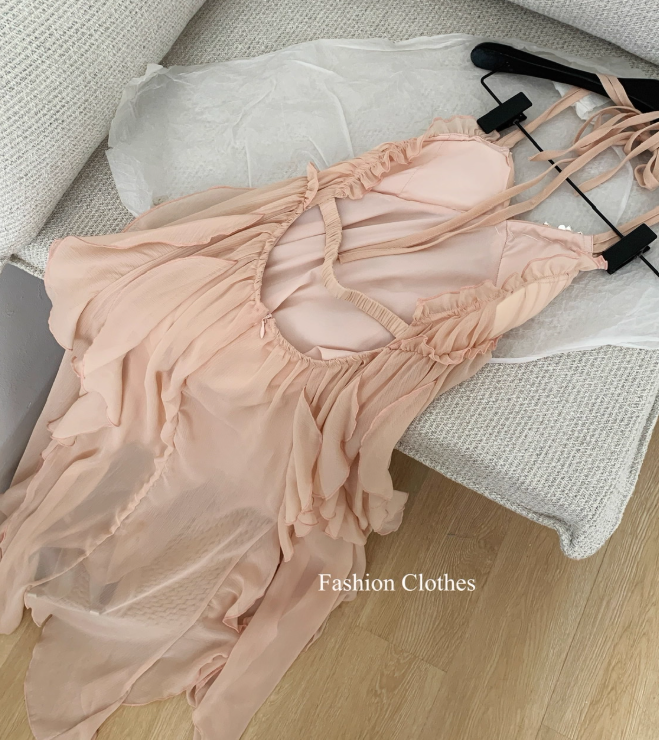 Elegant A Line Halter Rhinestone Ruffle Chiffon Vacation Dress Summer Dress Outfits DP3558