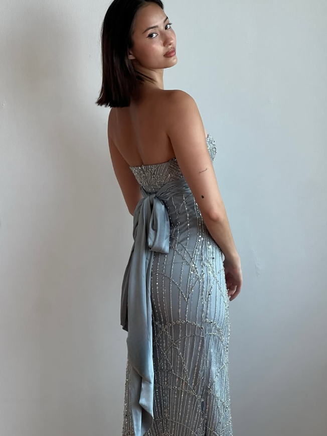 Gorgeous Sheath Spaghetti Strap Beaded Grey Satin Long Prom Dress Evening Dress DP1685