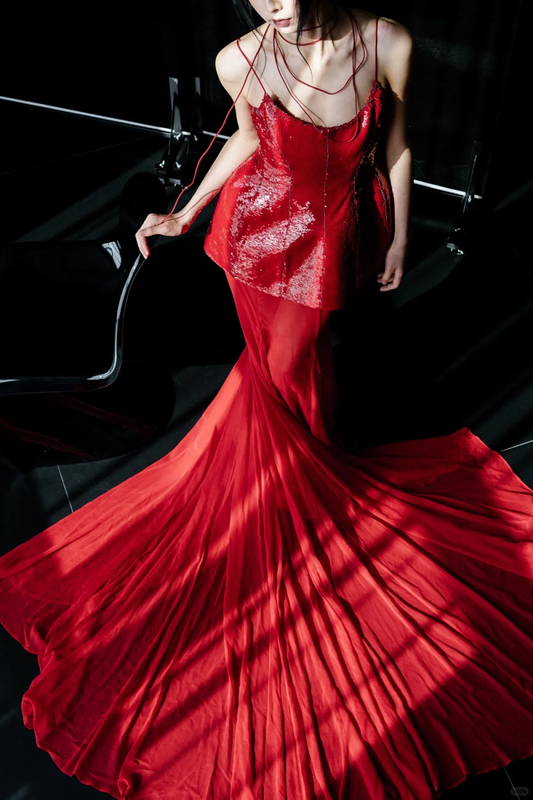 Shiny Mermaid Spaghetti Strap Red Sequin Chiffon Long Party Dress Prom Dress DP2536