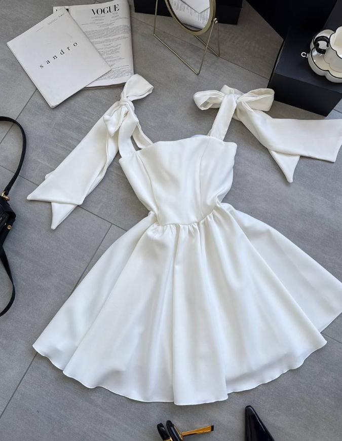 Black A Line Bow Straps Satin Short Homecoming Dress Cocktail Dress DP3856