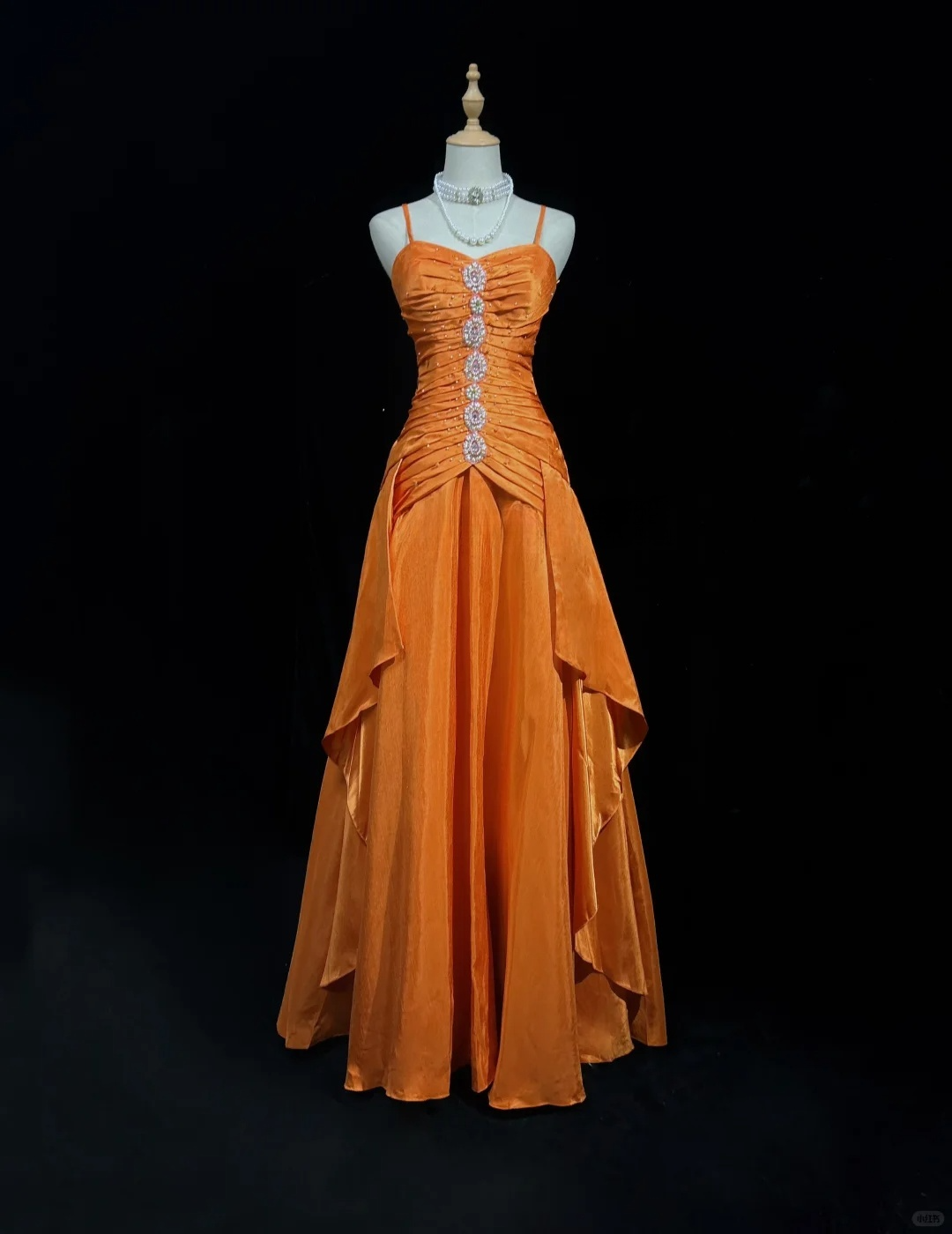 Vintage A Line Spaghetti Strap Beaded Pleated Bright Orange Satin Prom Dress Party Dress DP2765
