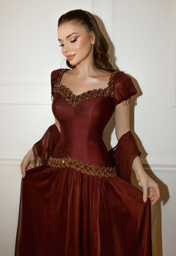 Dark Burgundy A Line Puff Sleeve Beaded Chiffon Long Prom Dress Evening Dress DP6055