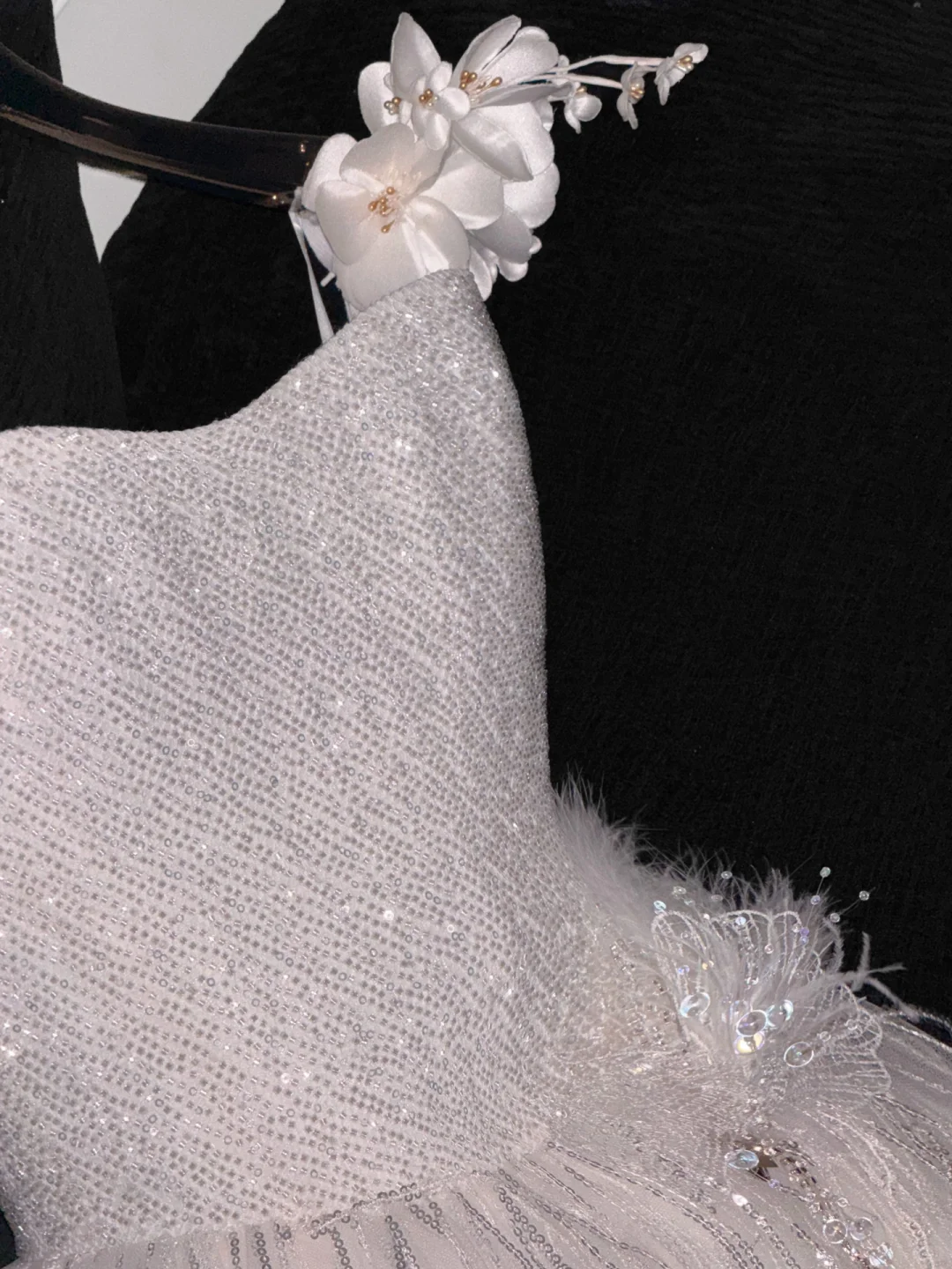 Gorgeous A Line Strapless Sequin Flower White Tulle Prom Dress Party Dress DP2682