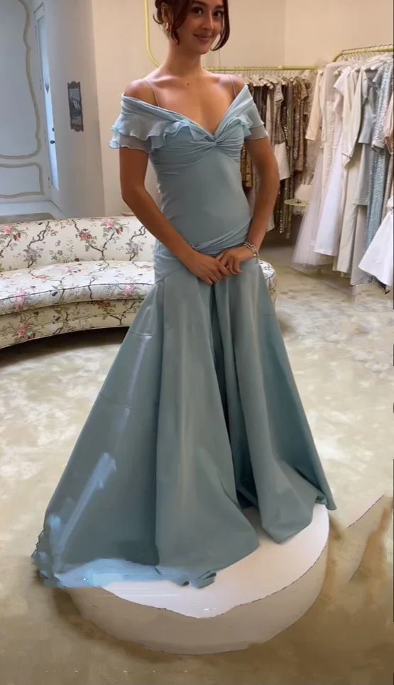 Retro Style A Line Off the Shoulder Blue Satin Long Party Dress Prom Dress DP2216