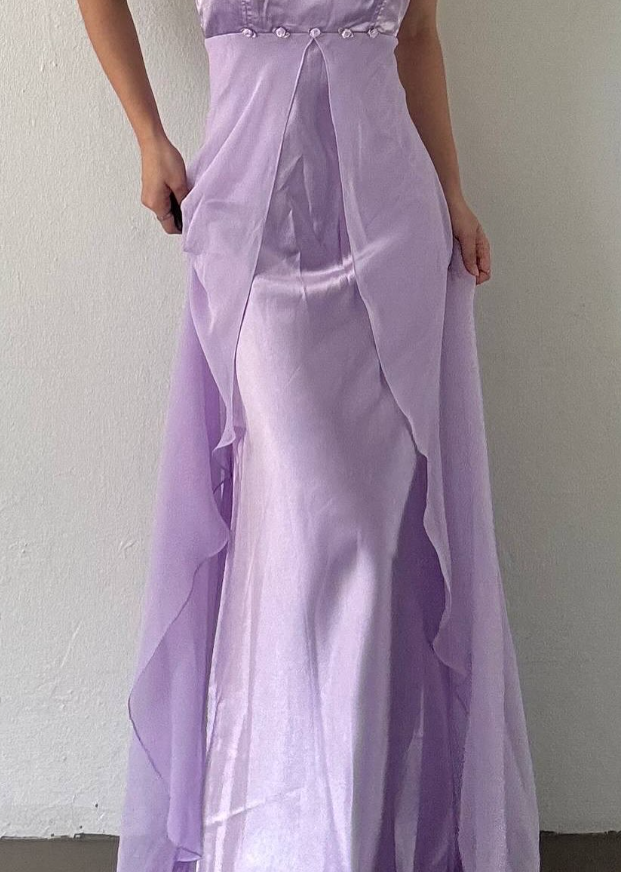 Retro Purple A Line Spaghetti Strap Flower Satin Chiffon Party Dress Evening Dress DP2869