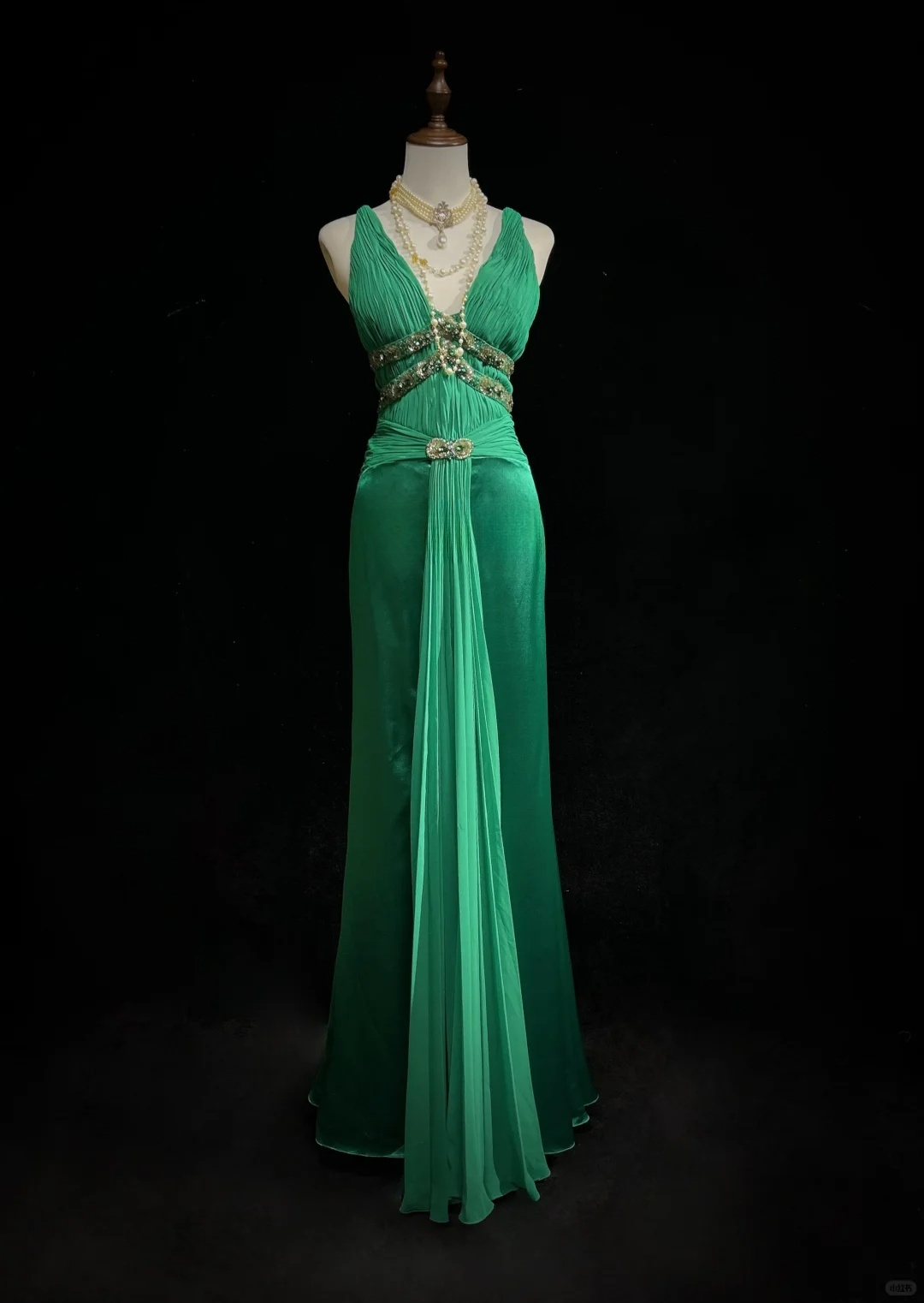 Vintage V Neck Beaded Hunter Green Satin Chiffon Long Prom Dress Party Dress DP2768