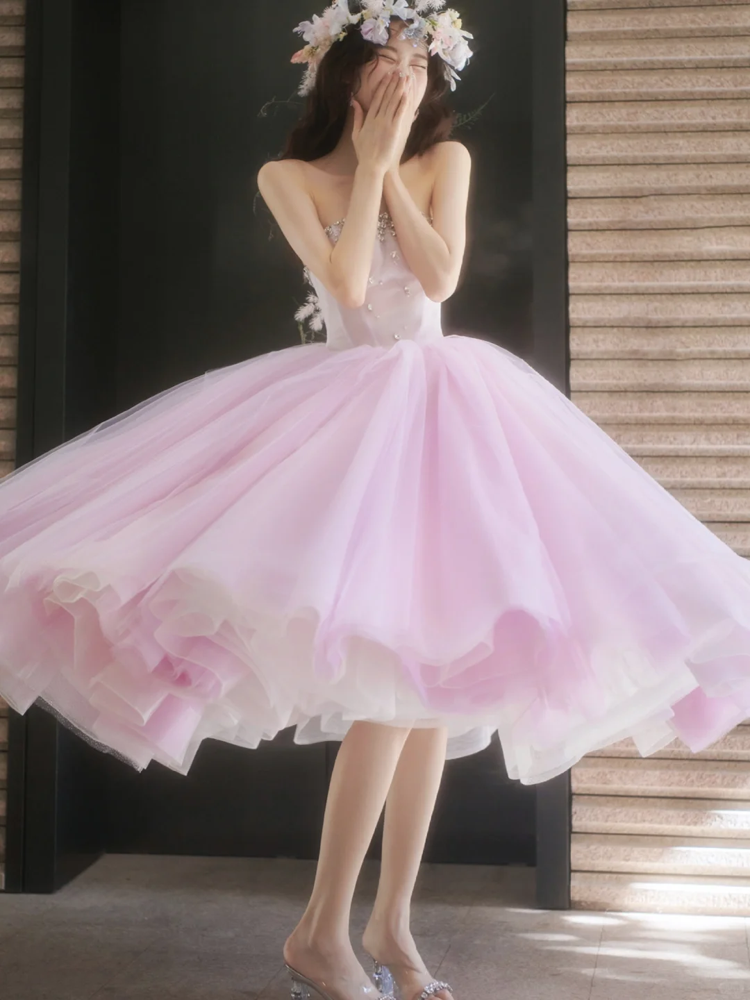 Gentle A Line Strapless Rhinestone Purple Tulle Party Dress Evening Dress DP2708