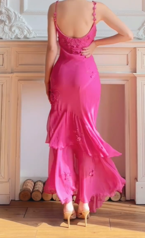 Hot Pink Mermaid Spaghetti Straps Appliques Chiffon Prom Dress Evening Dress DP3617