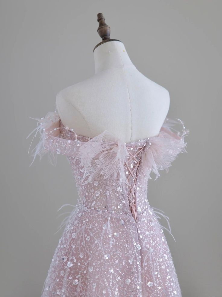 Off Shoulder Feather Pink Glitter Prom Dress Evening Dress DP148