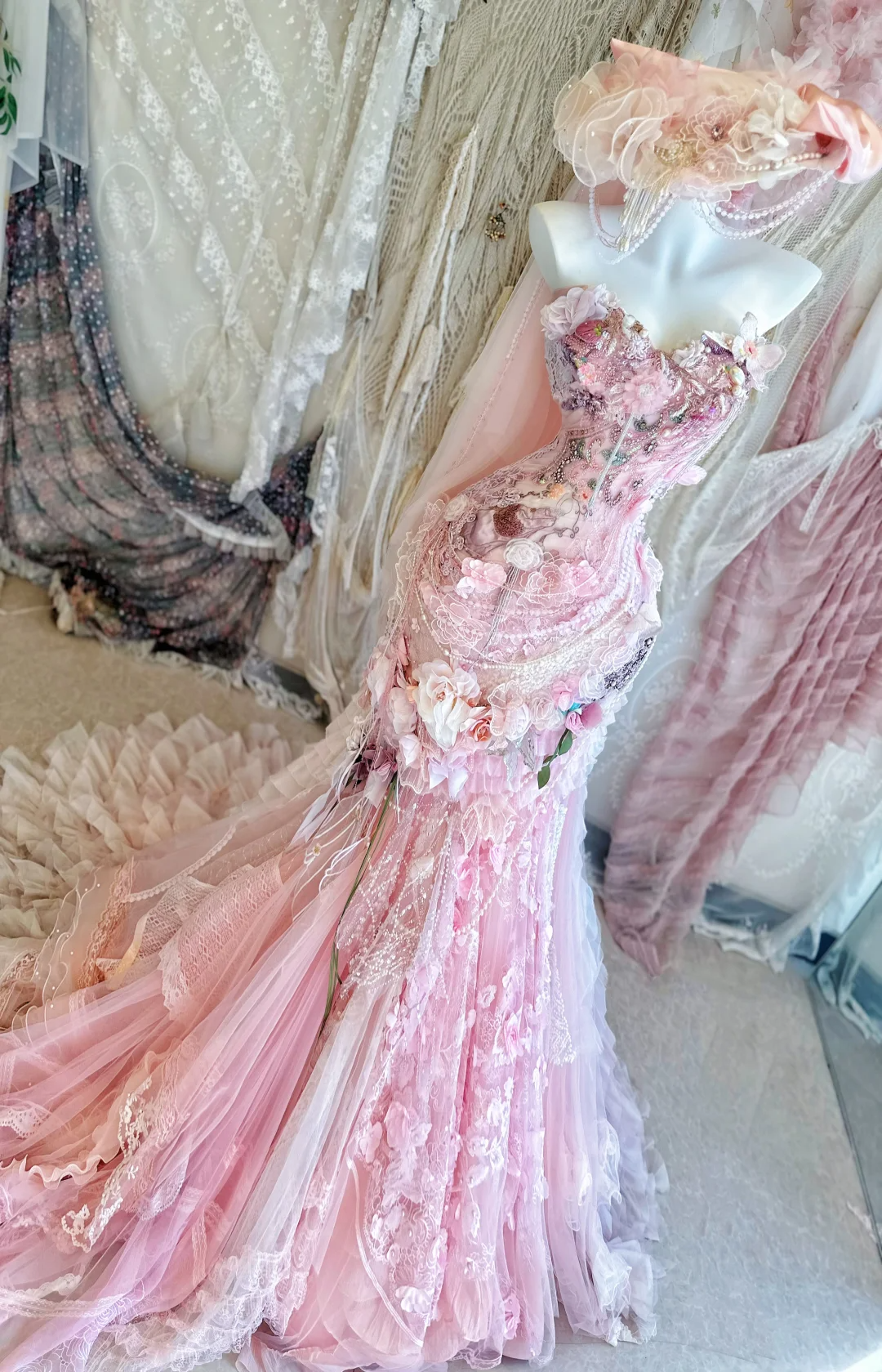 Gentle Pink Mermaid Exquisite Beaded Floral Tulle Lace Prom Dress Evening Dress Party Dress DP2972