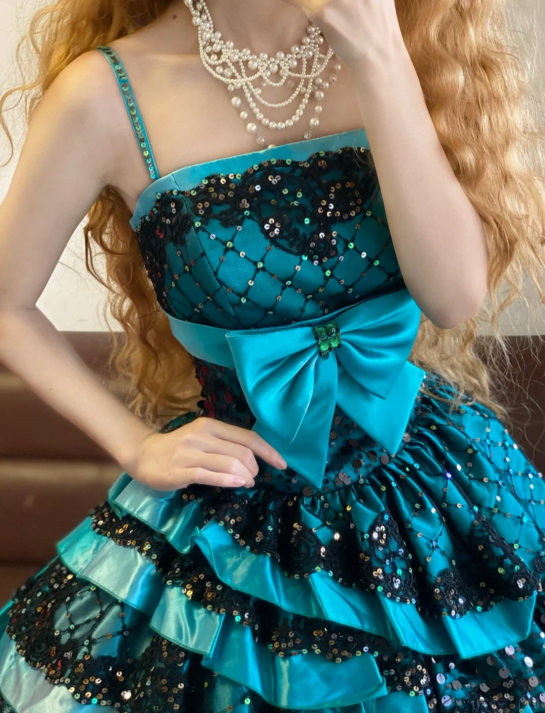 Blue Ball Gown Spaghetti Straps Black Lace Satin 16th Birthday Dress Party Dress Quinceanera Dress DP4089