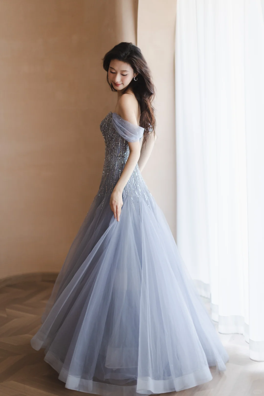 Gentle Blue A Line Off the Shoulder Sequin Beaded Tulle Long Prom Dress Formal Dress DP3336