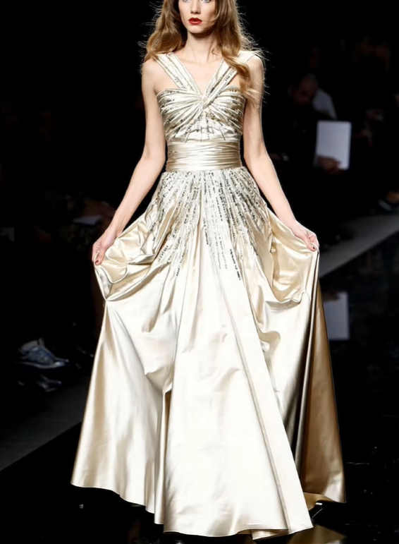 Elegant A Line Halter Sequin Light Champagne Satin Long Evening Dress Party Dress DP2296