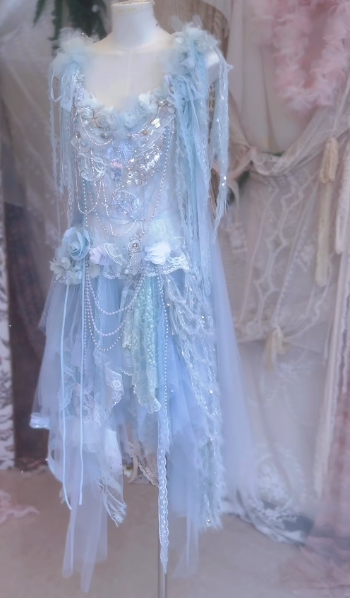 Baby Blue A Line Straps Floral Beaded Tulle Short Prom Dress 16th Birthday Dress DP3794