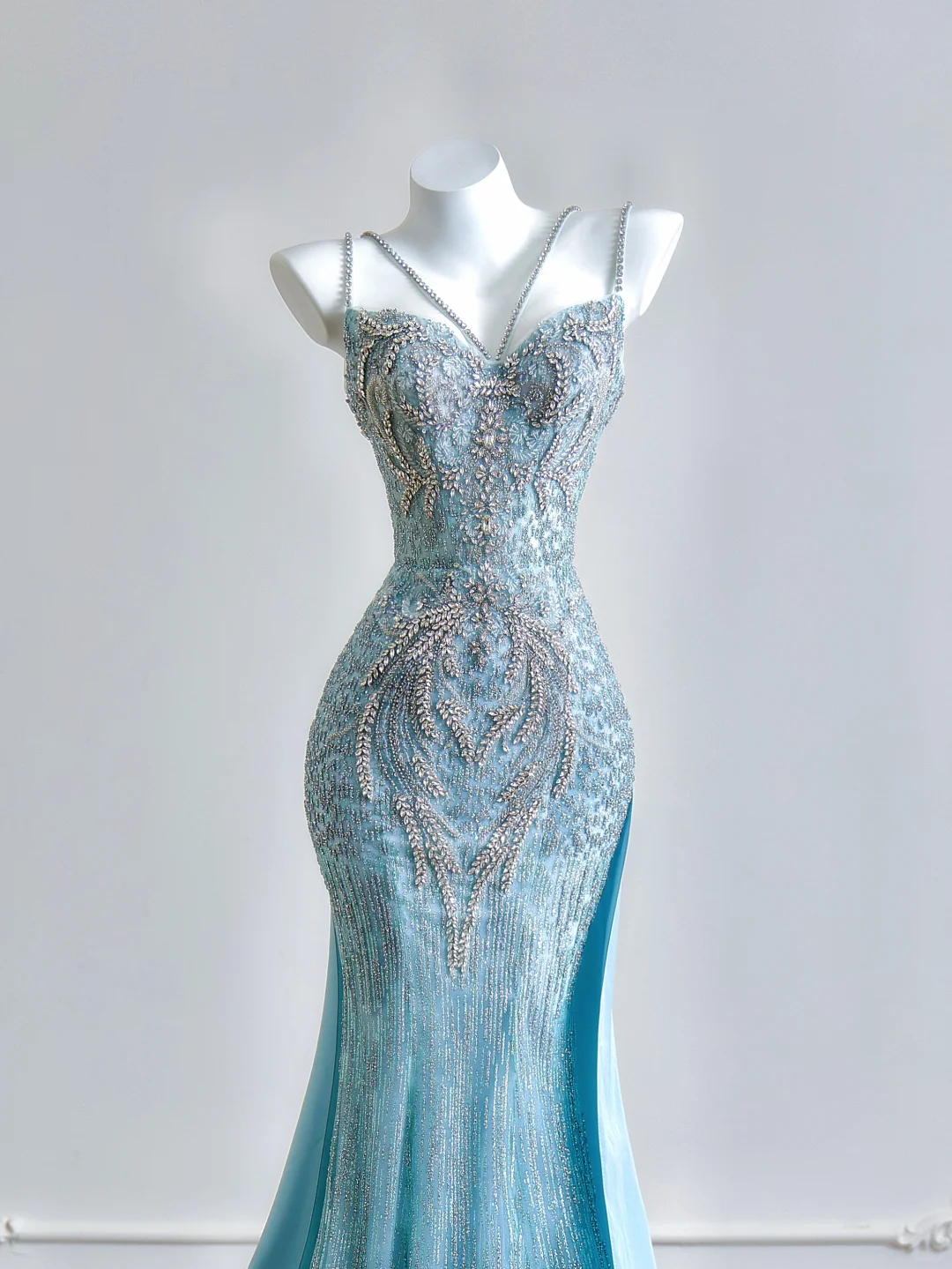 Blue Mermaid Spaghetti Strap Exquisite Beaded Satin Long Prom Dresses DP4185