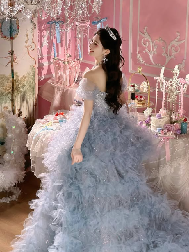 Stunning Blue Ball Gown Off the Shoulder Beaded Tulle Long Prom Dress DP4609