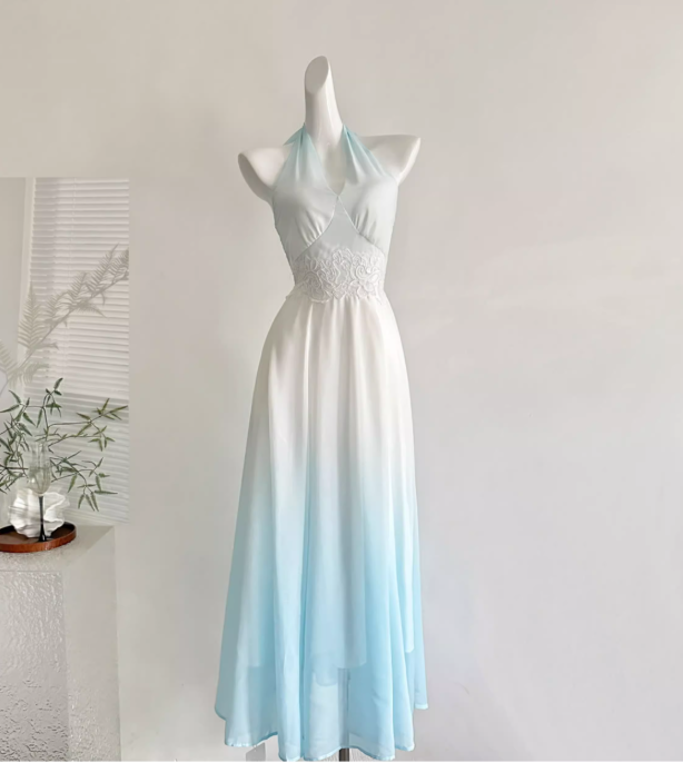 Blue Ombre A Line Halter Appliques Chiffon Vacation Dress Prom Dress Outfits DP3552
