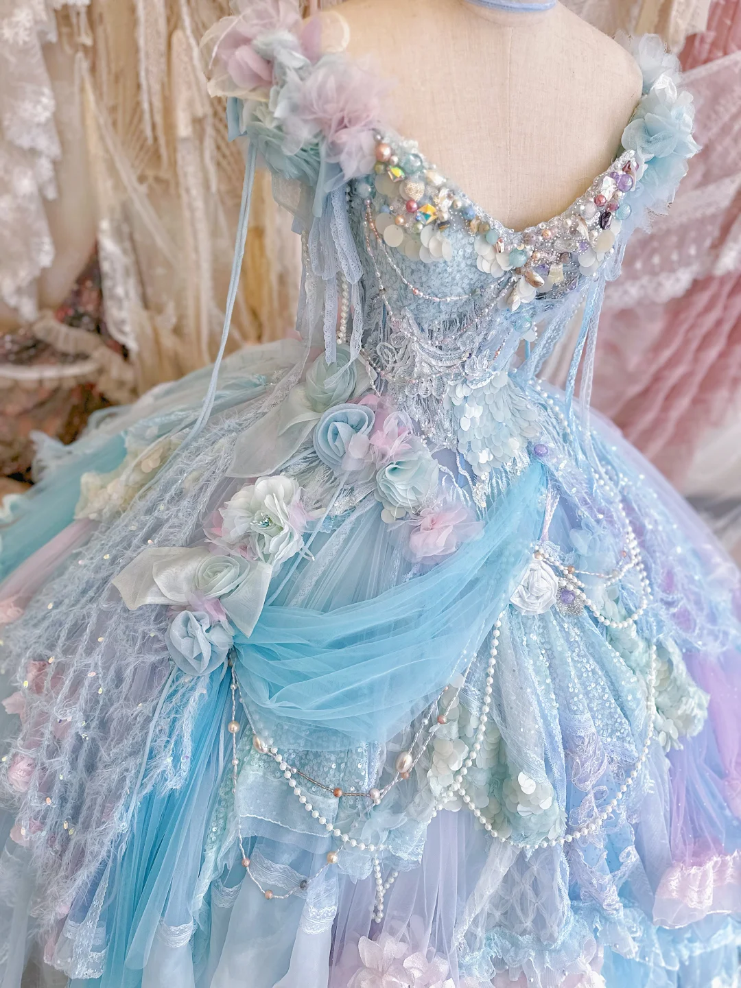 Blue Ball Gown V Neck Exquisite Beaded Layered Lace Tulle 16th Birthday Dress Prom Dress DP3812