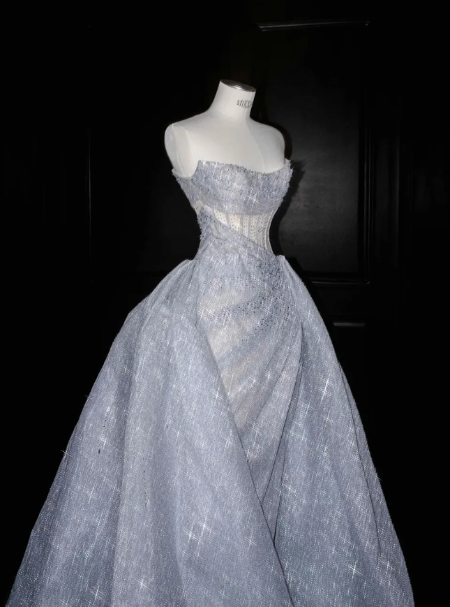 Stunning A Line Strapless Corset Silver Sequin Prom Dress Graduation Prom Dress DP1998