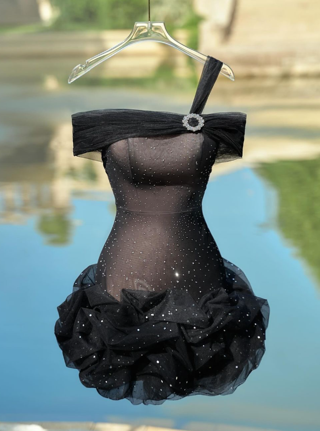 Cute Sheath Off the Shoulder Sequins Tulle Short Homecoming Dress Evening Dress DP1428