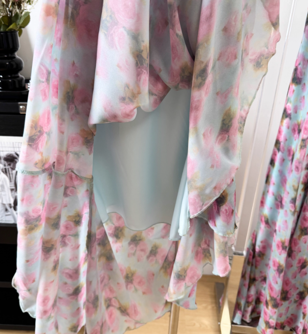 Gentle A Line V Neck Print Floral Chiffon Vacation Dress Prom Dress Outfits DP3554