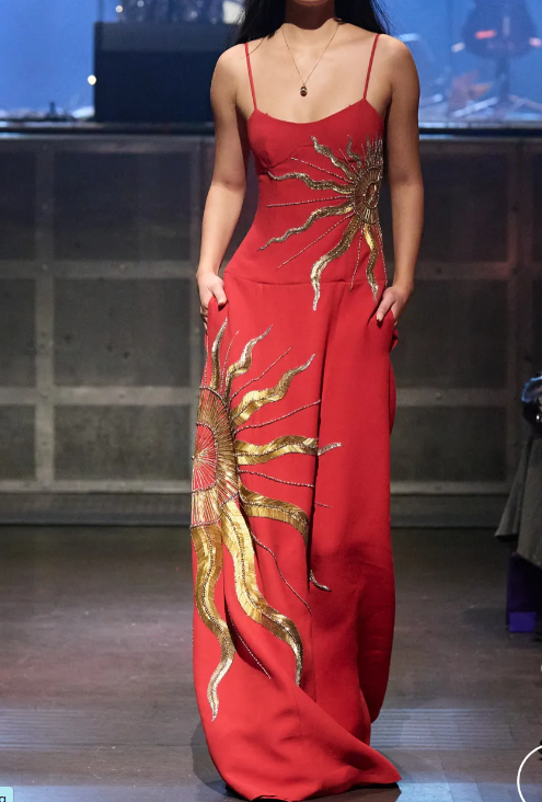 Chic A Line Spaghetti Straps Gold Embroidery Red Satin Prom Dress Evening Dress DP1469