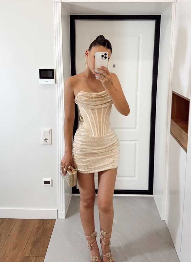 Sexy Light Champagne Sheath Strapless Corset Tulle Sequin Short Homecoming Dress Cocktail Dress DP3194