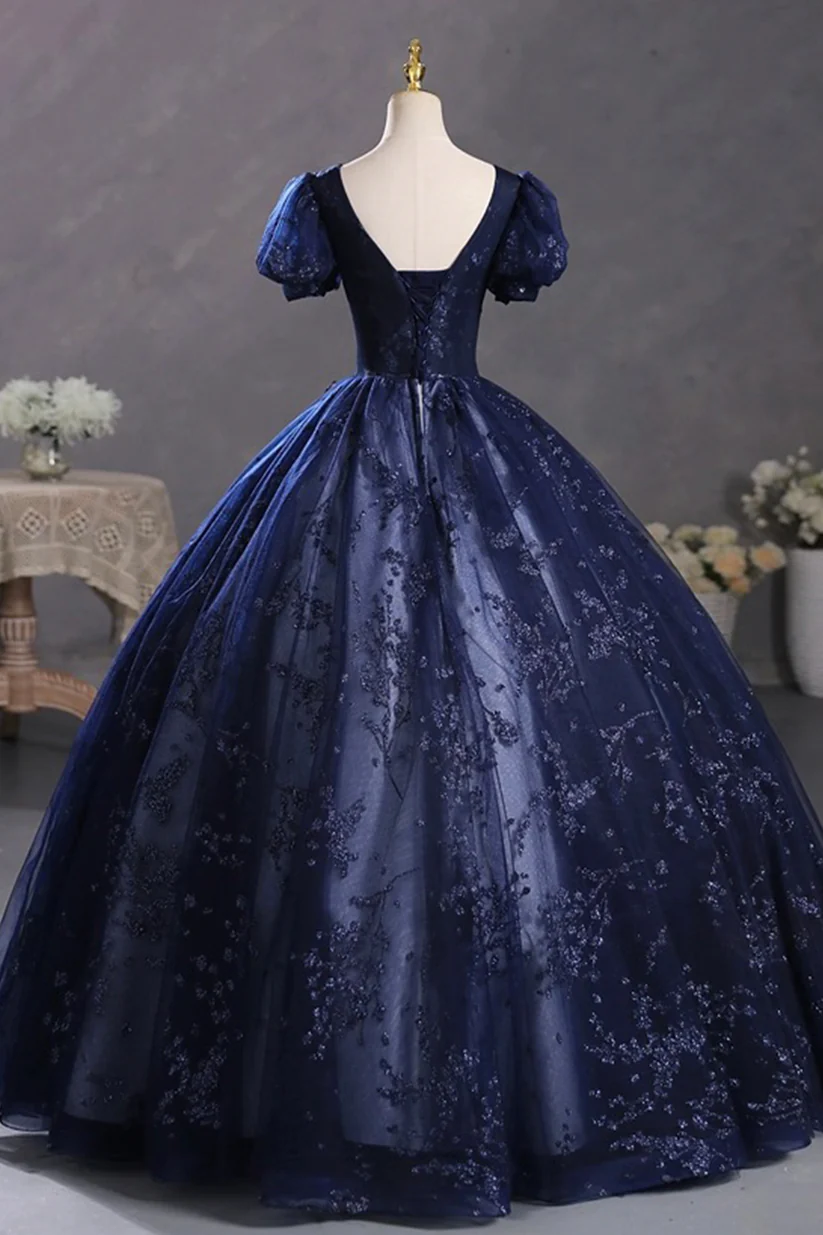 Navy Blue Appliques Beaded Long Prom Dress Evening Party Dress Ball Gown DP489