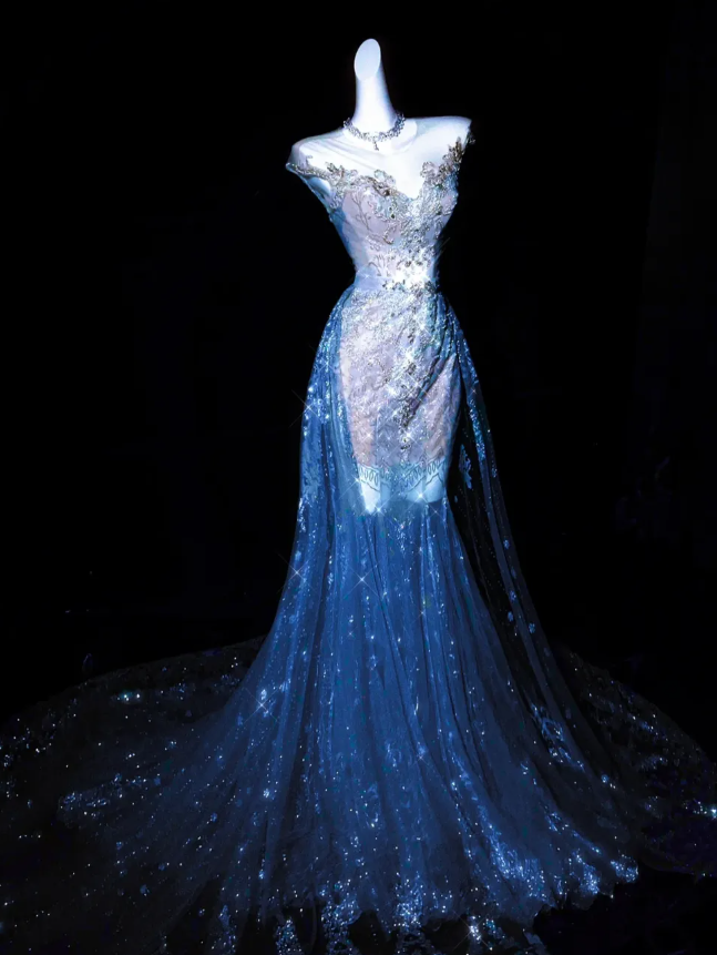 Dreamy Mermaid V Neck Blue Beaded Tulle Long Prom Dress Evening Dress DP2732