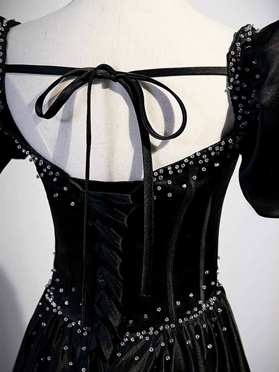 Black Satin Beaded Prom Dress A-Line Evening Dress DP258