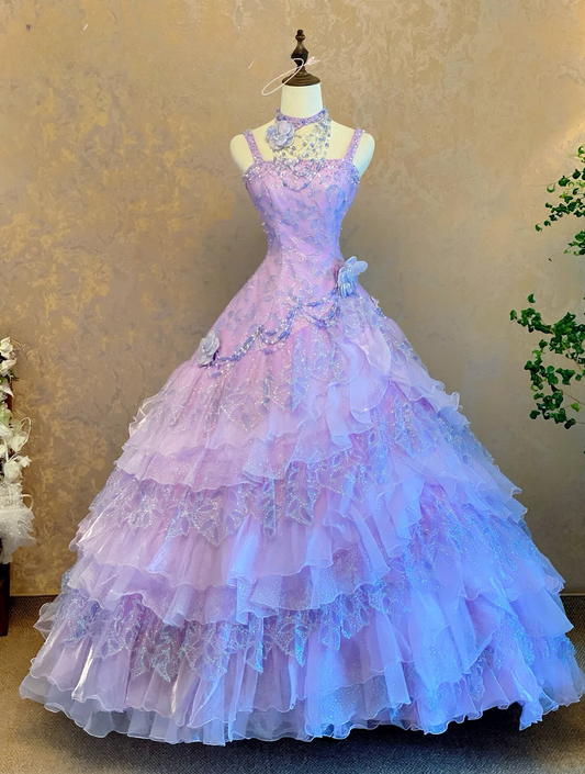 Purple Ball Gown Strap Exquisite Beaded Layered Organza Prom Dress 22 Birthday Dress DP4071
