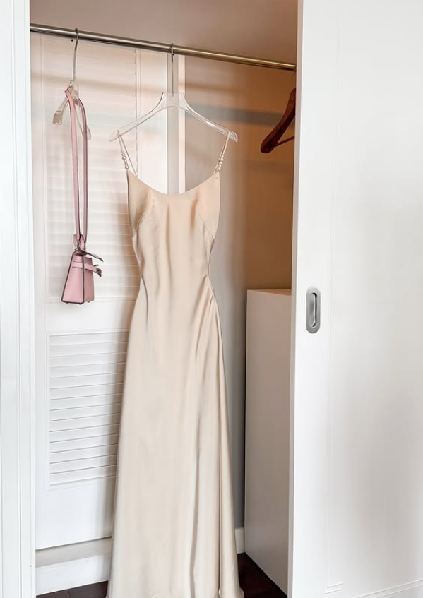 Simple Apricot A Line Spaghetti Strap Satin Prom Dress Evening Dress DP6137