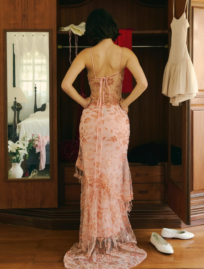 Exquisite Pink Floral Beaded Sequin Tulle Long Evening Gown Prom Gown DP2917