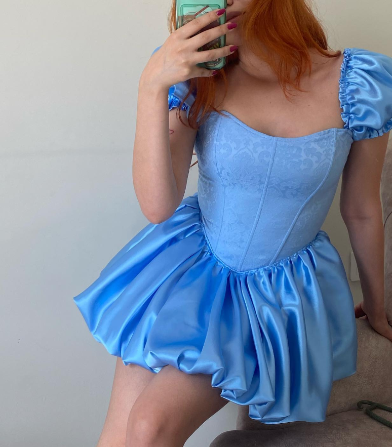 Princess A Line Puff Sleeve Corset Blue Satin Short Homecoming Dress Birthday Dress DP1659