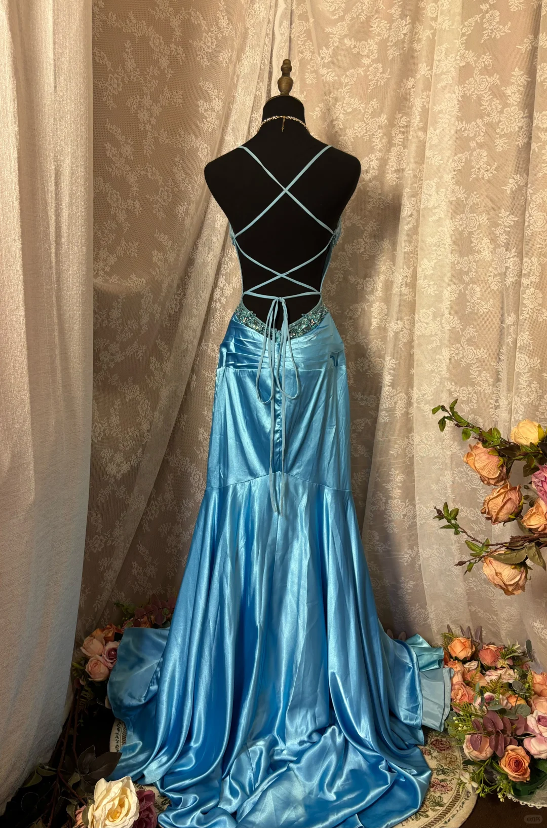 Azure Crystal Vintage Mermaid Sweetheart Neck Appliques Tulle Satin Backless Prom Dress Party Dress DP3174