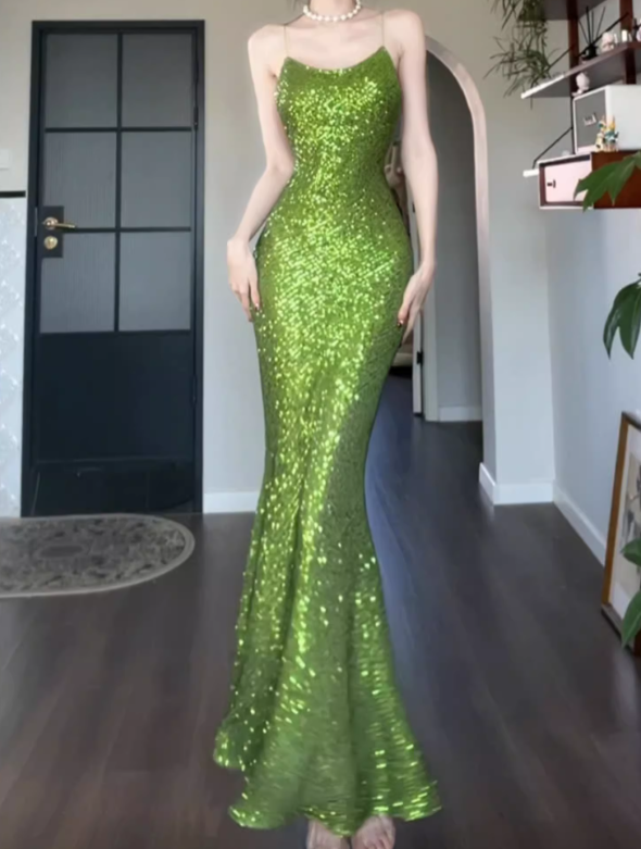 Shiny Green Mermaid Spaghetti Strap Sequin Prom Dress Evening Dress Party Dress DP3582